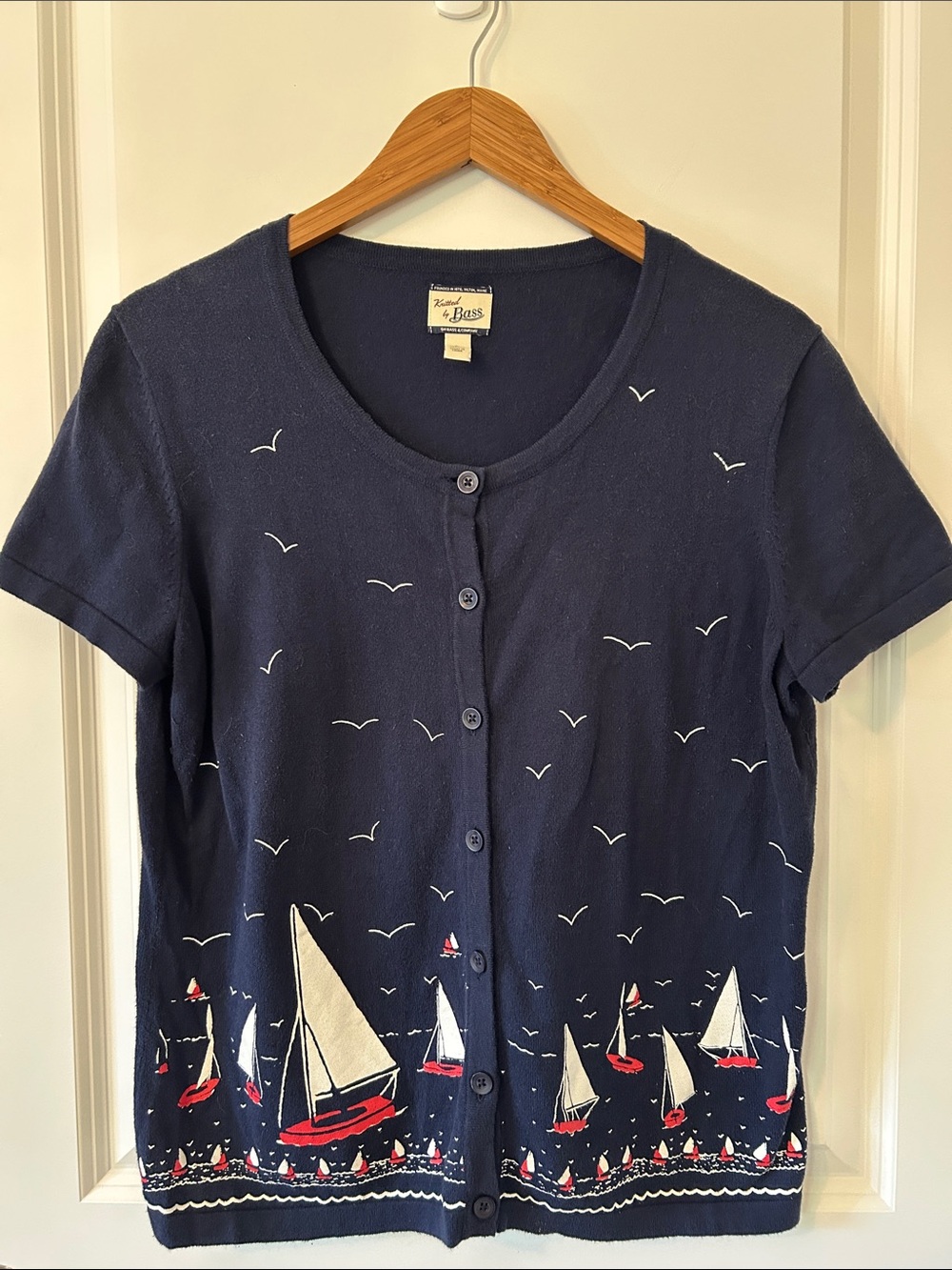 Bass Navy Sailboat Button-Front Women’s 100% Cotton Cardigan Top